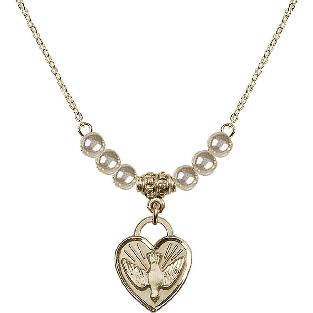 14kt Gold Filled Confirmation Heart Birthstone Necklace with Faux-Pearl Beads - 3405