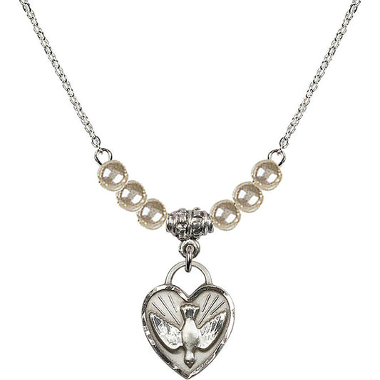 Sterling Silver Confirmation Heart Birthstone Necklace with Faux-Pearl Beads - 3405