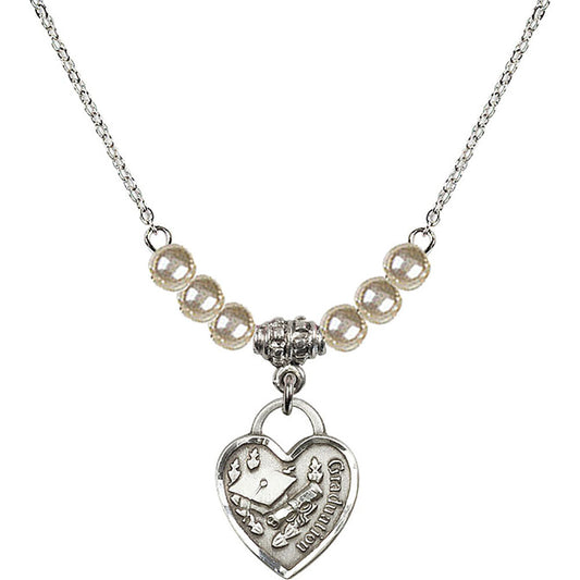 Sterling Silver Graduation Heart Birthstone Necklace with Faux-Pearl Beads - 3406