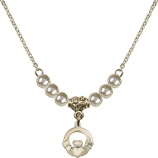 14kt Gold Filled Claddagh Birthstone Necklace with Faux-Pearl Beads - 4113