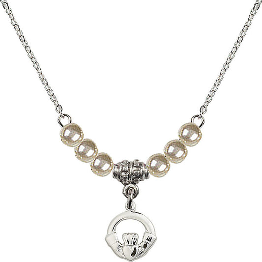 Sterling Silver Claddagh Birthstone Necklace with Faux-Pearl Beads - 4113