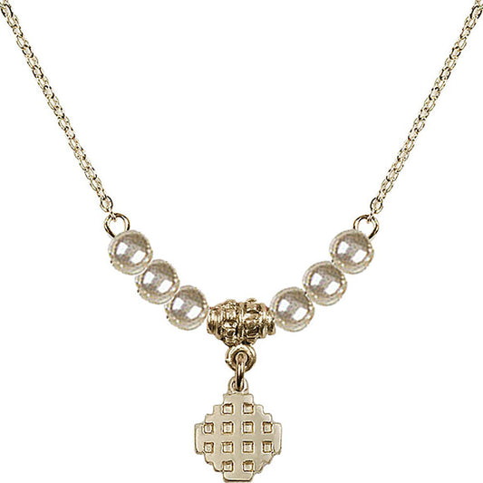 14kt Gold Filled Jerusalem Cross Birthstone Necklace with Faux-Pearl Beads - 4118