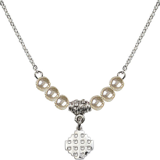 Sterling Silver Jerusalem Cross Birthstone Necklace with Faux-Pearl Beads - 4118