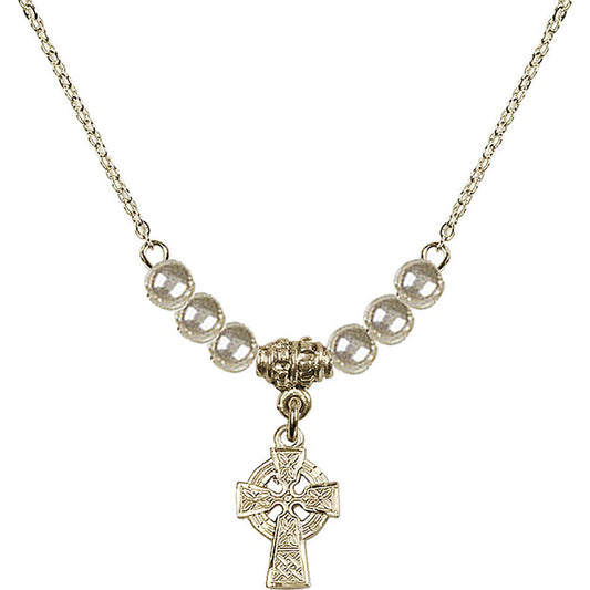 14kt Gold Filled Celtic Cross Birthstone Necklace with Faux-Pearl Beads - 4133