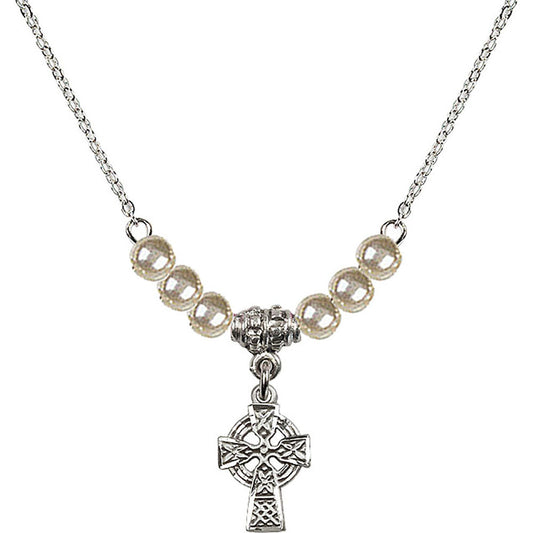 Sterling Silver Celtic Cross Birthstone Necklace with Faux-Pearl Beads - 4133