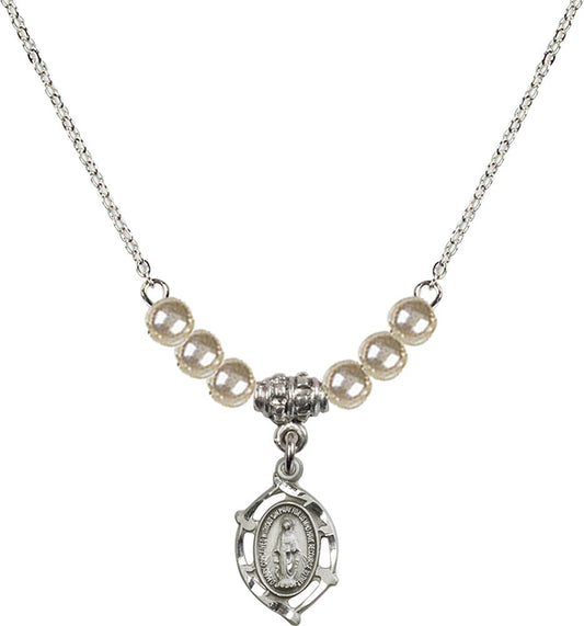 Sterling Silver Miraculous Birthstone Necklace with Faux-Pearl Beads - 4152