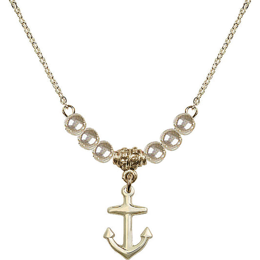 14kt Gold Filled Anchor Birthstone Necklace with Faux-Pearl Beads - 4158