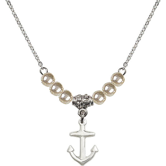 Sterling Silver Anchor Birthstone Necklace with Faux-Pearl Beads - 4158