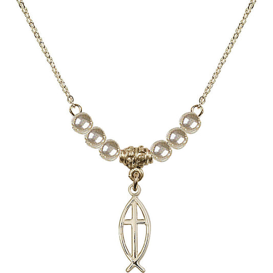 14kt Gold Filled Fish / Cross Birthstone Necklace with Faux-Pearl Beads - 4251