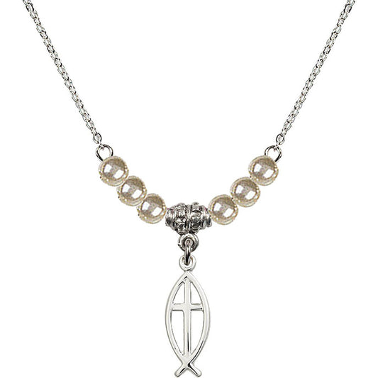 Sterling Silver Fish / Cross Birthstone Necklace with Faux-Pearl Beads - 4251