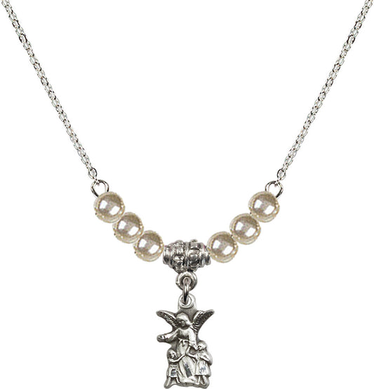 Sterling Silver Guardian Angel Birthstone Necklace with Faux-Pearl Beads - 4253