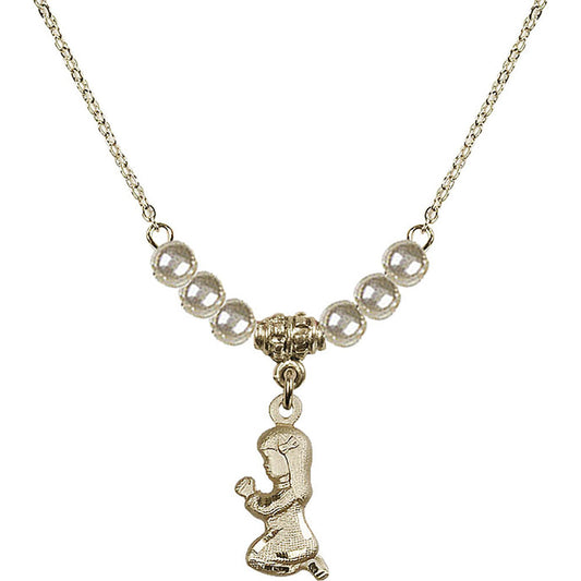 14kt Gold Filled Praying Girl Birthstone Necklace with Faux-Pearl Beads - 4262