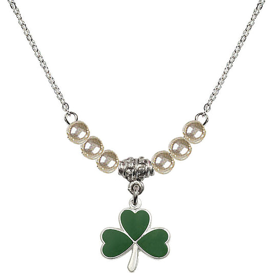 Sterling Silver Shamrock Birthstone Necklace with Faux-Pearl Beads - 5243
