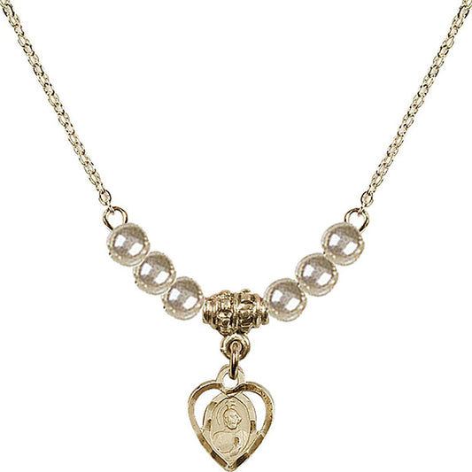 14kt Gold Filled Saint Jude Birthstone Necklace with Faux-Pearl Beads - 5404
