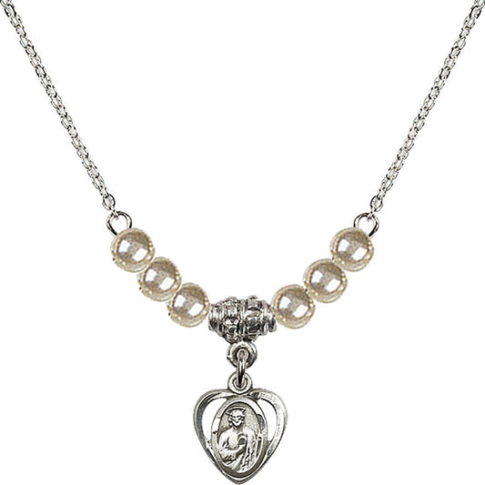 Sterling Silver Saint Jude Birthstone Necklace with Faux-Pearl Beads - 5404