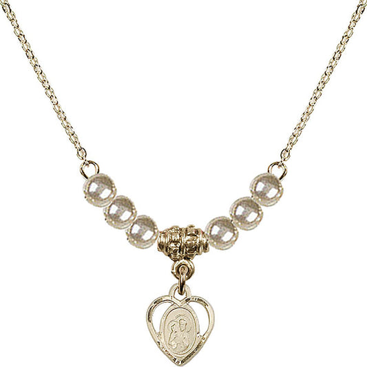 14kt Gold Filled Saint Ann Birthstone Necklace with Faux-Pearl Beads - 5414