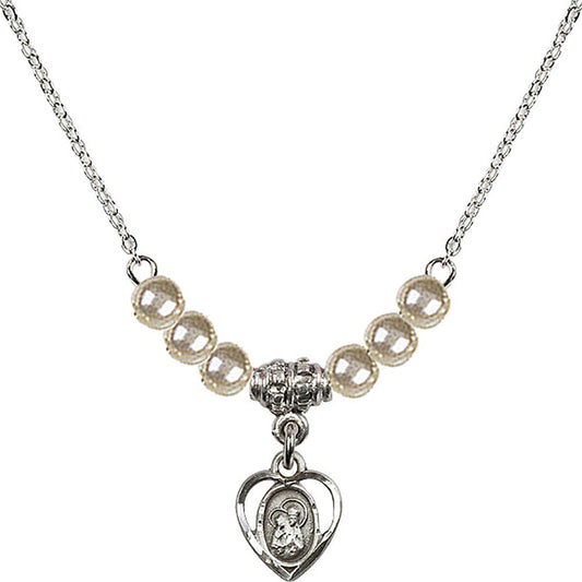 Sterling Silver Saint Ann Birthstone Necklace with Faux-Pearl Beads - 5414