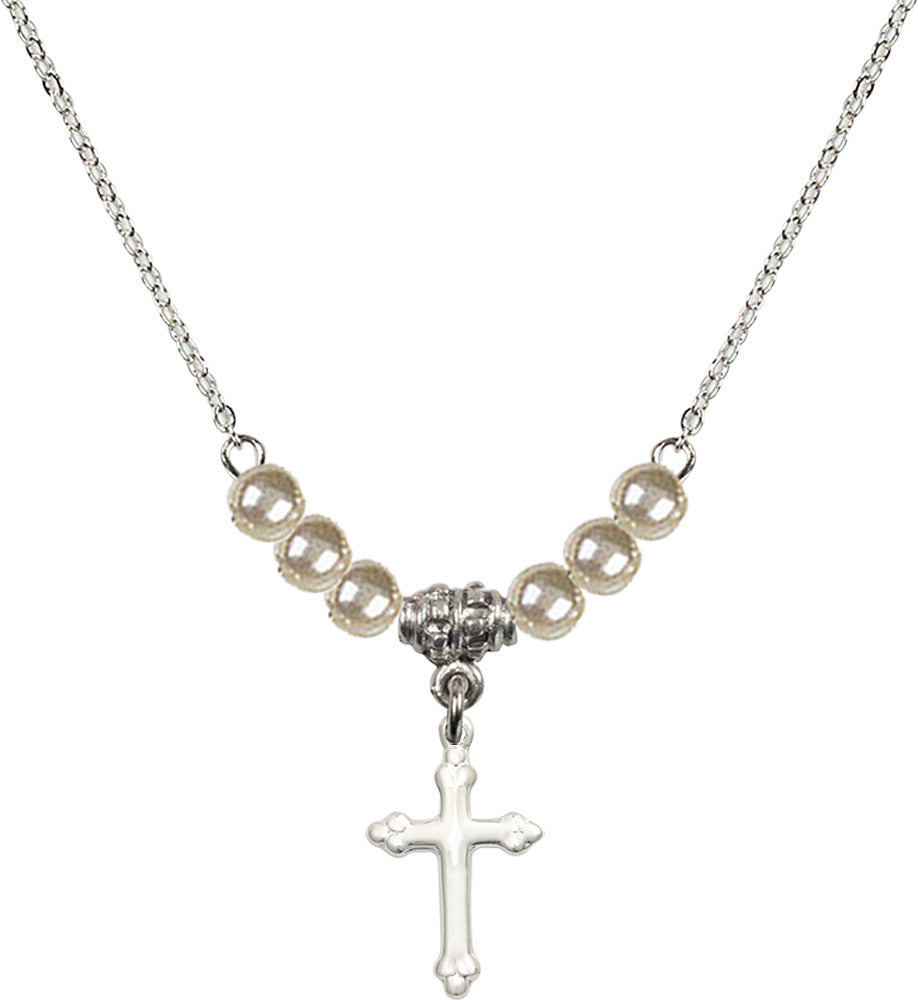 Sterling Silver Cross Birthstone Necklace with Faux-Pearl Beads - 5415