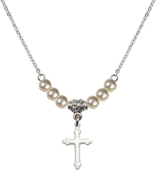Sterling Silver Cross Birthstone Necklace with Faux-Pearl Beads - 5415