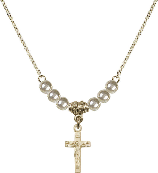 14kt Gold Filled Crucifix Birthstone Necklace with Faux-Pearl Beads - 5417