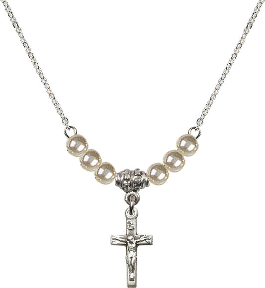 Sterling Silver Crucifix Birthstone Necklace with Faux-Pearl Beads - 5417