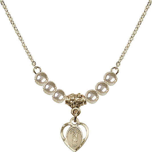 14kt Gold Filled Our Lady of Guadalupe Birthstone Necklace with Faux-Pearl Beads - 5422
