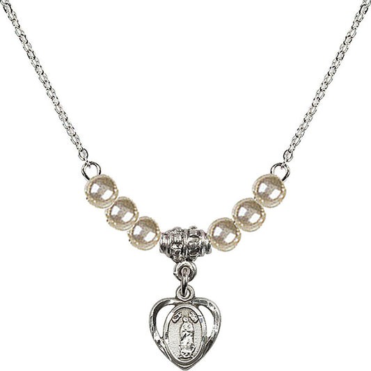 Sterling Silver Our Lady of Guadalupe Birthstone Necklace with Faux-Pearl Beads - 5422