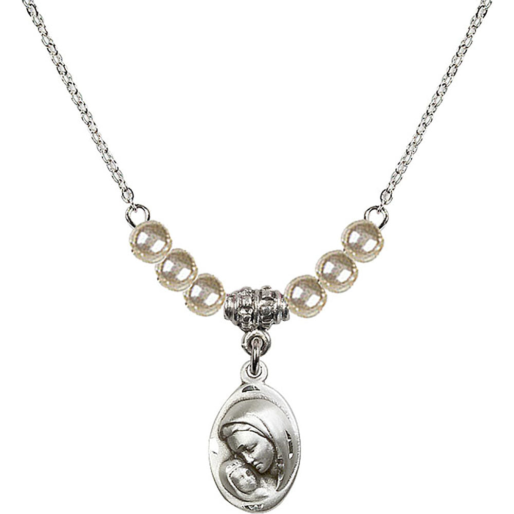 Sterling Silver Madonna & Child Birthstone Necklace with Faux-Pearl Beads - 5447