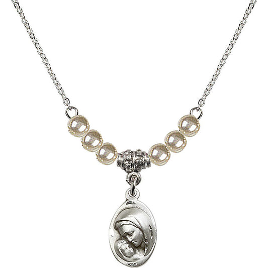 Sterling Silver Madonna & Child Birthstone Necklace with Faux-Pearl Beads - 5447