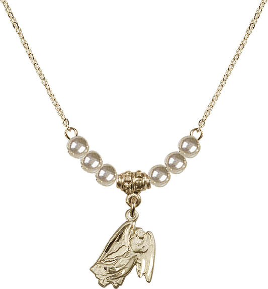 14kt Gold Filled Guardian Angel Birthstone Necklace with Faux-Pearl Beads - 5642