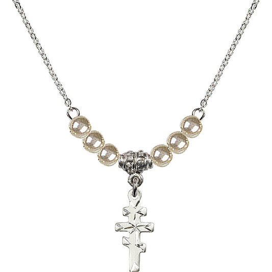 Sterling Silver Greek Orthadox Cross Birthstone Necklace with Faux-Pearl Beads - 5654