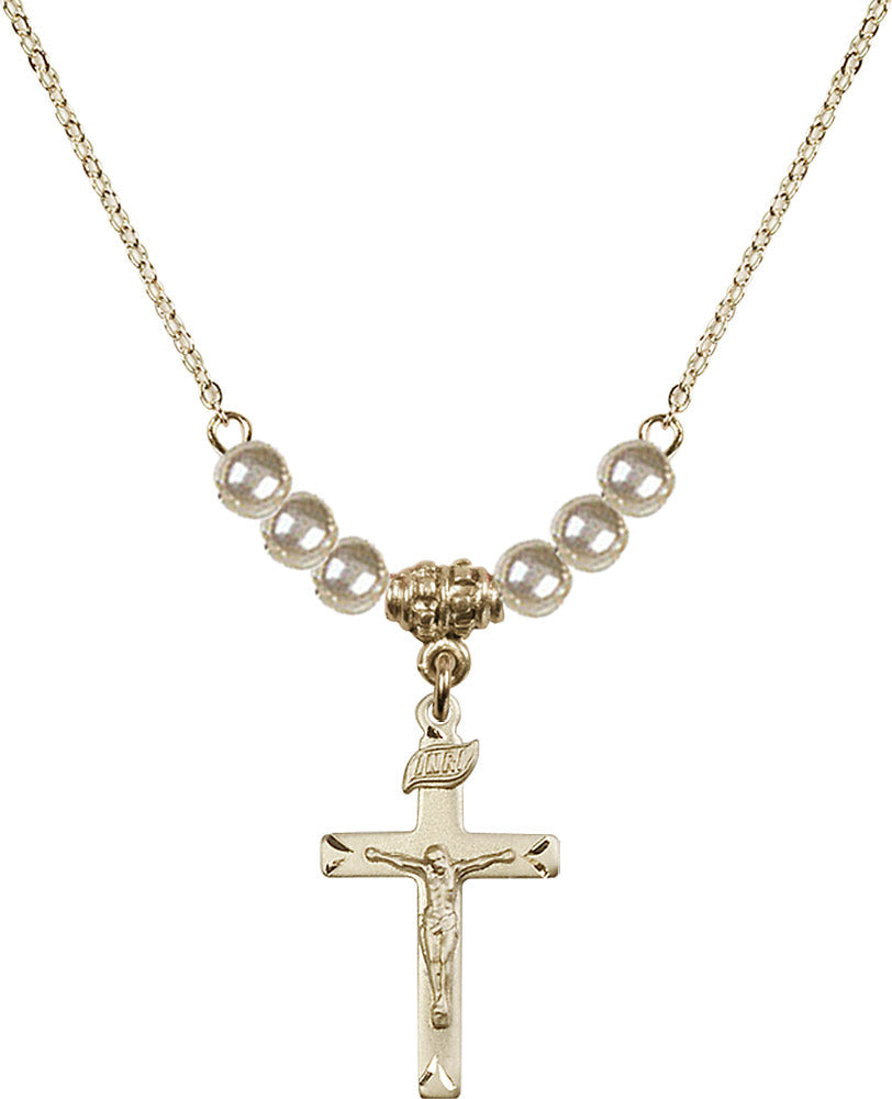 14kt Gold Filled Crucifix Birthstone Necklace with Faux-Pearl Beads - 5668