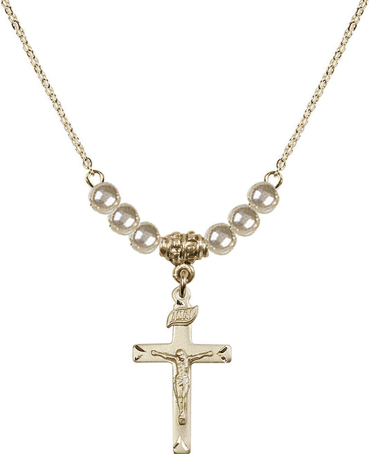 14kt Gold Filled Crucifix Birthstone Necklace with Faux-Pearl Beads - 5668