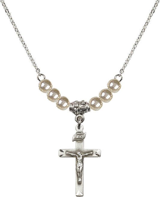 Sterling Silver Crucifix Birthstone Necklace with Faux-Pearl Beads - 5668