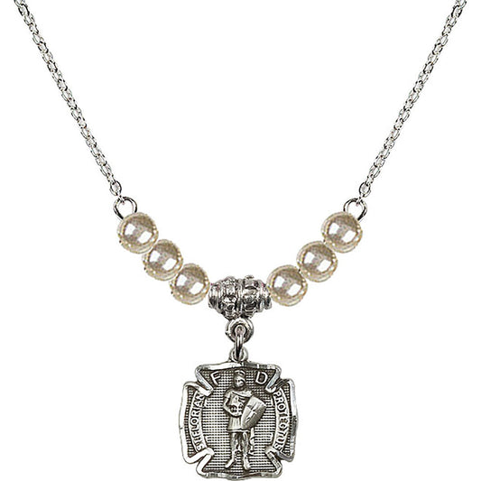 Sterling Silver Saint Florian Birthstone Necklace with Faux-Pearl Beads - 5686