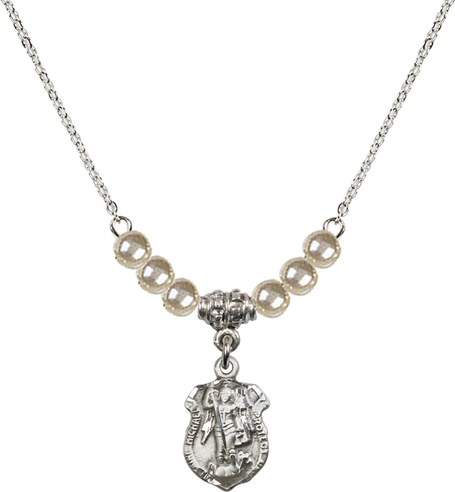 Sterling Silver Saint Michael the Archangel Birthstone Necklace with Faux-Pearl Beads - 5699