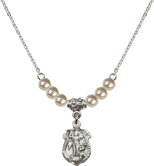 Sterling Silver Saint Michael the Archangel Birthstone Necklace with Faux-Pearl Beads - 5699