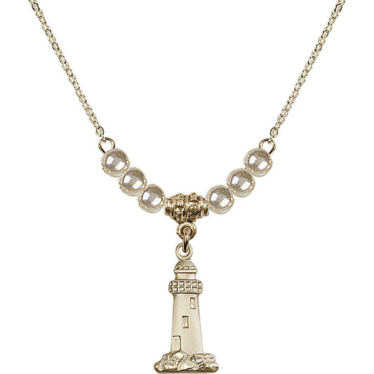 14kt Gold Filled Lighthouse Birthstone Necklace with Faux-Pearl Beads - 5922
