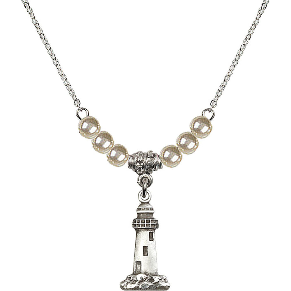 Sterling Silver Lighthouse Birthstone Necklace with Faux-Pearl Beads - 5922