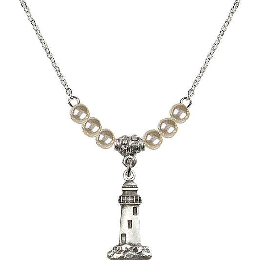 Sterling Silver Lighthouse Birthstone Necklace with Faux-Pearl Beads - 5922