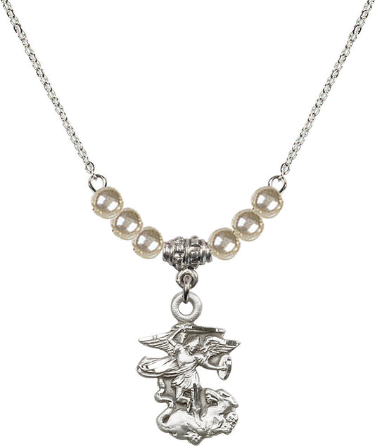 Sterling Silver Saint Michael the Archangel Birthstone Necklace with Faux-Pearl Beads - 5940