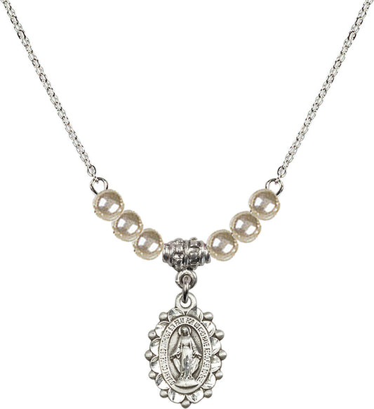 Sterling Silver Miraculous Birthstone Necklace with Faux-Pearl Beads - 6040