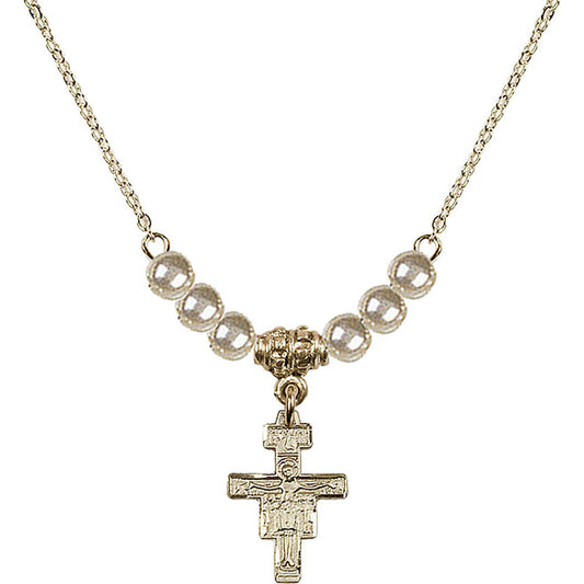 14kt Gold Filled San Damiano Crucifix Birthstone Necklace with Faux-Pearl Beads - 6078