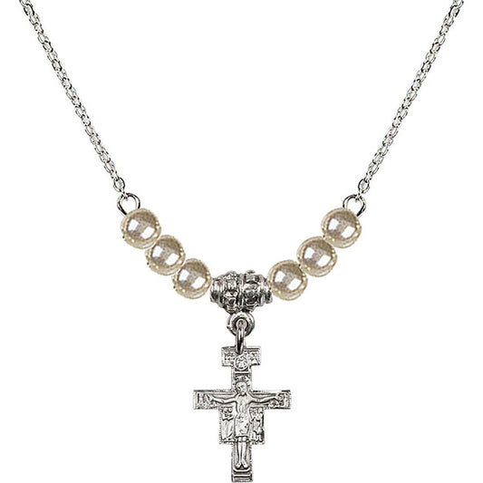 Sterling Silver San Damiano Crucifix Birthstone Necklace with Faux-Pearl Beads - 6078