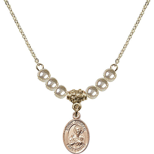 14kt Gold Filled Saint Andrew the Apostle Birthstone Necklace with Faux-Pearl Beads - 9000