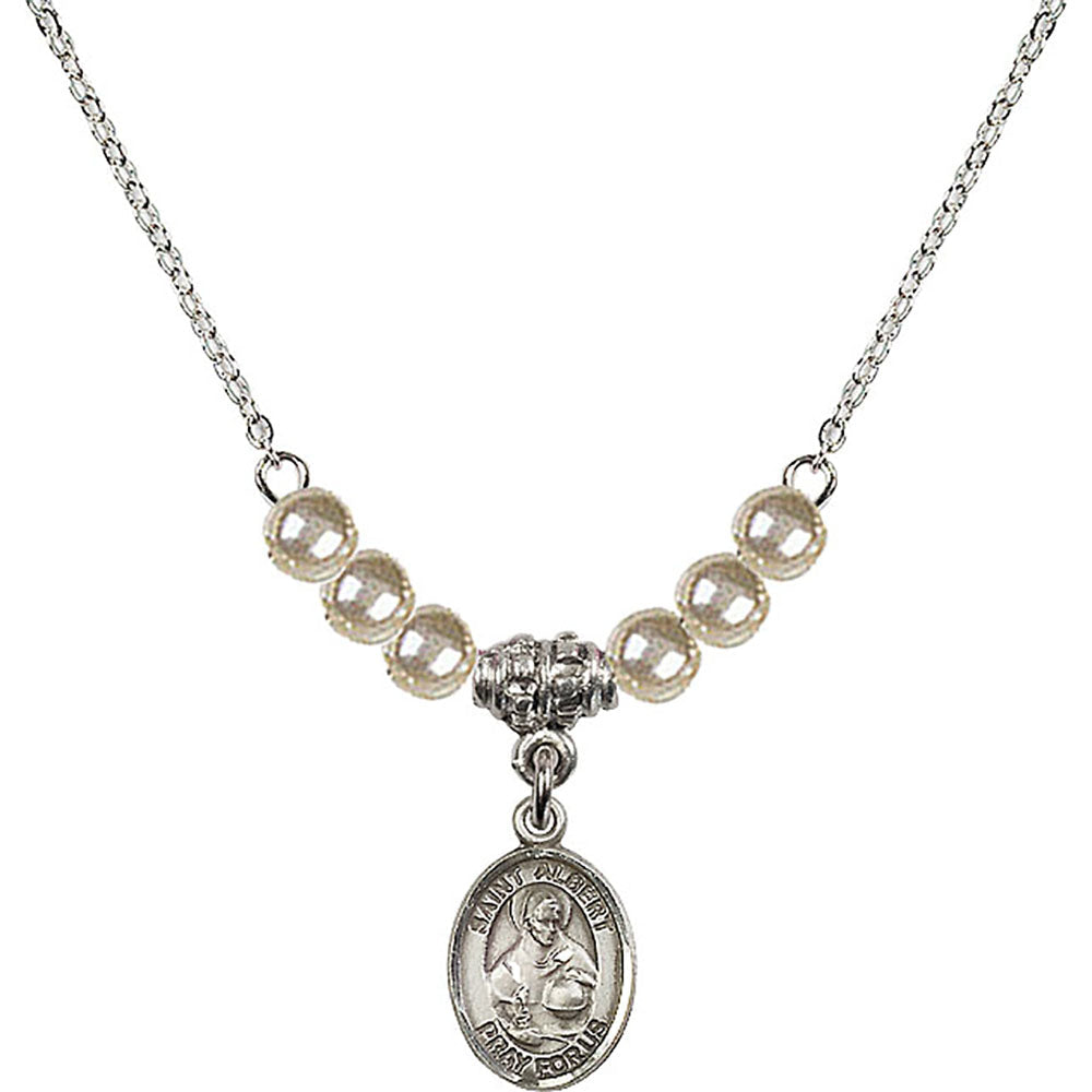 Sterling Silver Saint Albert the Great Birthstone Necklace with Faux-Pearl Beads - 9001