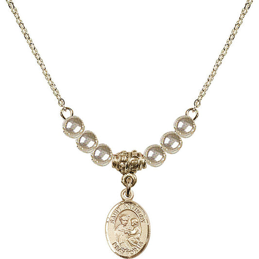 14kt Gold Filled Saint Anthony of Padua Birthstone Necklace with Faux-Pearl Beads - 9004