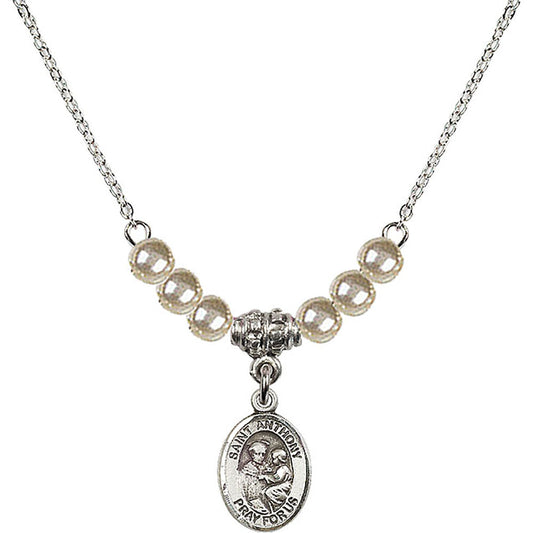 Sterling Silver Saint Anthony of Padua Birthstone Necklace with Faux-Pearl Beads - 9004