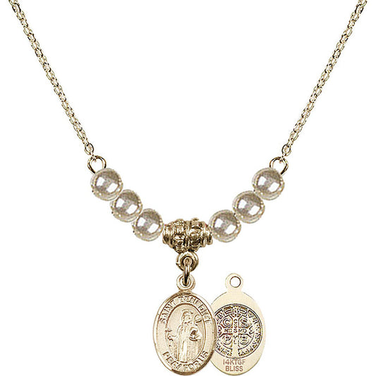 14kt Gold Filled Saint Benedict Birthstone Necklace with Faux-Pearl Beads - 9008