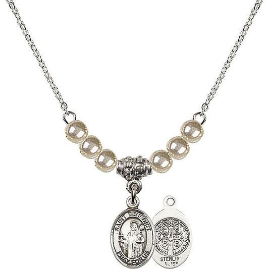 Sterling Silver Saint Benedict Birthstone Necklace with Faux-Pearl Beads - 9008